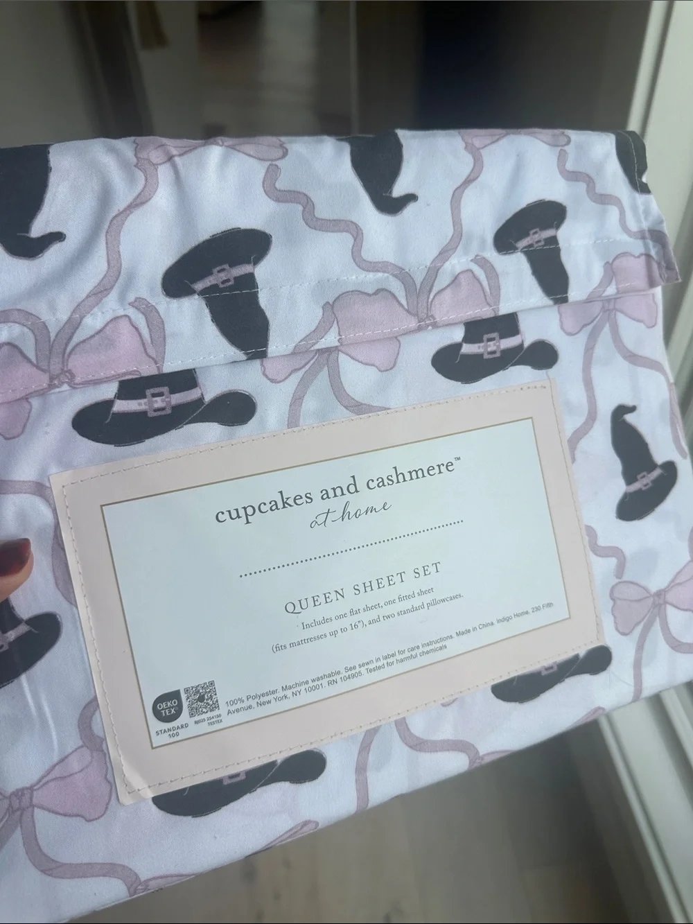 cupcakes & cashmere Pink and Black Hat Print Queen Sheet Set